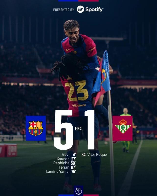 开云网址-【国王杯】多点开花，巴萨主场5比1贝蒂斯晋级八强！